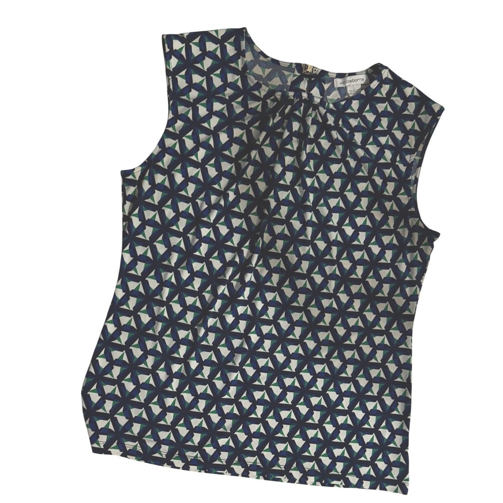 Liz Claiborne Blouse Women L Blue Green EUC Geometric Sleeveless Shell